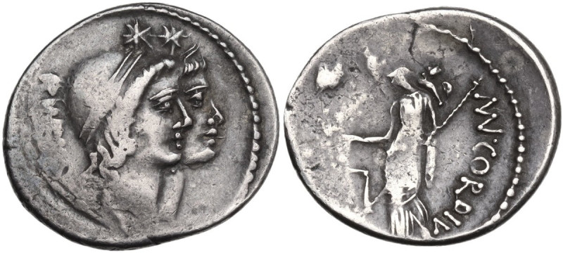 Mn. Cordius Rufus. AR Denarius, 46 BC. Obv. RVFVS. III. [VIR] Conjoined heads of...