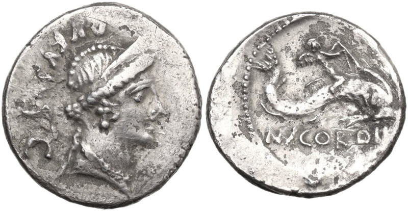 Mn. Cordius Rufus. AR Denarius, 46 BC. Obv. Diademed head of Venus right; behind...