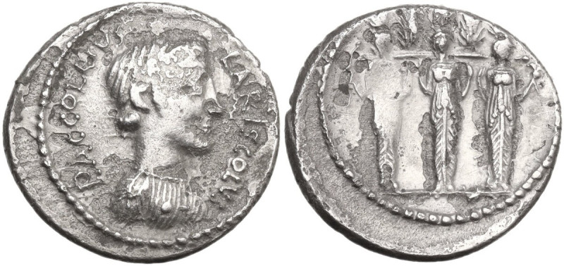 P. Accoleius Lariscolus. AR Denarius, 43 BC. Obv. P. ACCOLEIVS LARISCOLVS. Drape...