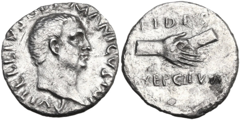 Vitellius (69 AD). AR Denarius. Obv. Head of Vitellius, bare, right. Rev. Claspe...