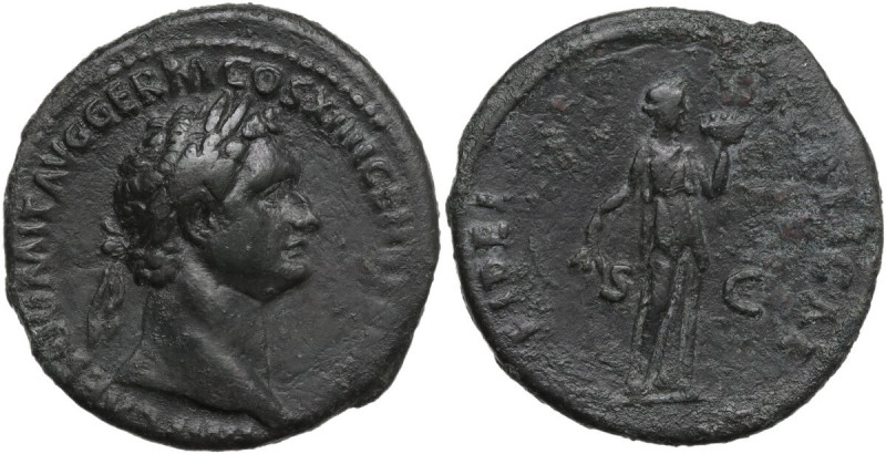 Domitian (81-96). AE As, 88-89. Obv. Head of Domitian, laureate, right. Rev. Fid...