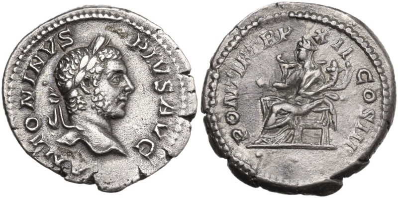 Caracalla (198-217). AR Denarius, 209 AD. Obv. ANTONINVS PIVS AVG. Head of Carac...