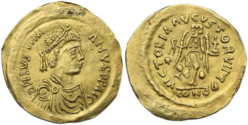 Justinian I (527-565). AV Tremissis, Constantinople mint. Obv. DN IVSTINIANVS PP...