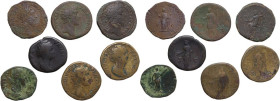 The Roman Empire. Lot of 7 unclassified AE Sestertii; including; Antoninus Pius, Faustina I, Marcus Aurelius and Faustina II. AE. About VF:F:About F.