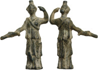 Bronze votive figurine, goddess holding snake. Greek? Height: 48 mm.
