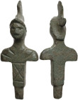 Bronze figurine of Mars, helmeted. Votive. Roman. 27x15 mm. Lovely green patina.