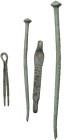 Lot of two (2) bronze instruments: tweezer and long pin. Roman. 44 and 85 mm.
