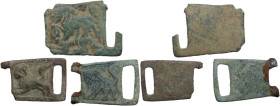 Lot of three (3) bronze belt terminals with figurative decoration in shallow relief. Balkanic.