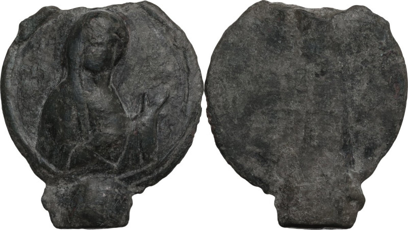 Bronze decorative element with Virgin Mary. Byzantine period. 35 x 32 mm.