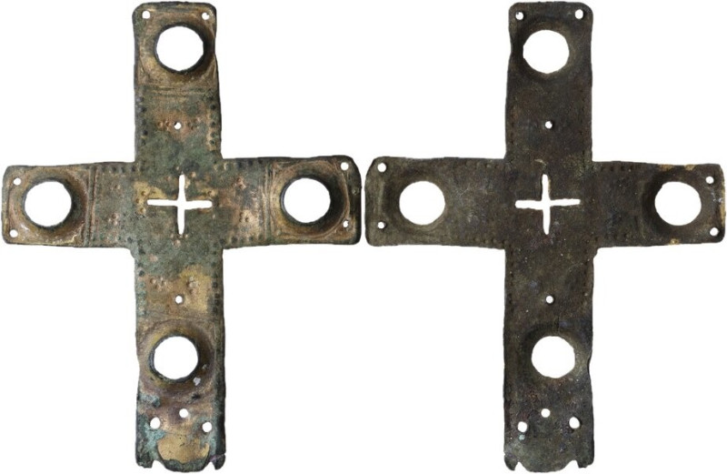 Bronze cross. Early medieval, circa 8th-11th cent. AD. D/ Gilded cross, probably...