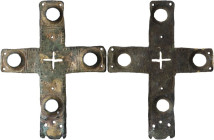 Bronze cross. Early medieval, circa 8th-11th cent. AD. D/ Gilded cross, probably from the cover of christian holy book. Four empty bezel, now holes, a...