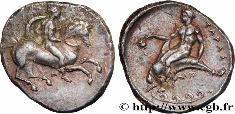 CALABRIA - TARAS
Type : Nomos, statère ou didrachme 
Date : c. 380-340 AC. 
Mint...