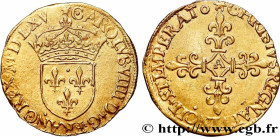CHARLES IX
Type : Écu d'or au soleil, 1er type 
Date : 1565 (MDLXV) 
Mint name / Town : Paris 
Quantity minted : 17450 
Metal : gold 
Millesimal finen...