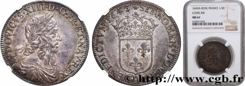 LOUIS XIII
Type : Demi-écu d'argent, 3e type, 2e poinçon de Warin 
Date : 1643 
...