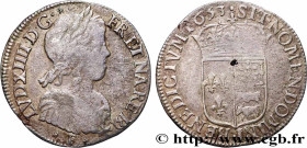LOUIS XIV "THE SUN KING"
Type : Quart d'écu à la mèche longue de Béarn 
Date : 1653 
Mint name / Town : Pau 
Metal : silver 
Millesimal fineness : 917...