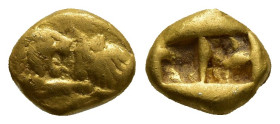KINGS of LYDIA. Kroisos. Circa 564/53-550/39 BC. AV Sixth Stater (9mm, 1.76 g). Heavy standard. Sardes mint. Confronted foreparts of lion and bull / T...