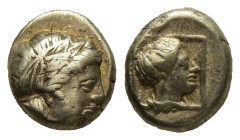 LESBOS. Mytilene. (Circa 377-326 BC). EL Hekte. (10mm, 2.53 g) Obv: Laureate head of Apollo right. Rev: Draped bust of Artemis right within linear squ...