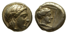 LESBOS. Mytilene. (Circa 377-326 BC). EL Hekte. (9mm, 2.51 g) Obv: Laureate head of Apollo right. Rev: Draped bust of Artemis right within linear squa...