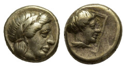 LESBOS. Mytilene. (Circa 377-326 BC). EL Hekte. (10mm, 2.57 g) Obv: Laureate head of Apollo right. Rev: Draped bust of Artemis right within linear squ...
