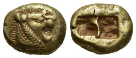 KINGS of LYDIA. temp. Alyattes – Kroisos. Circa 620/10-550/39 BC. EL Trite – Third Stater (13mm, 4.75 g). Sardes mint. Head of roaring lion right, "su...