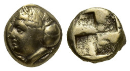 IONIA, Phokaia. Circa 387-326 BC. EL Hekte (9.5mm, 2.54 g). Laureate female head left, hair in sakkos; [seal] below / Quadripartite incuse square.