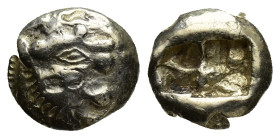 Kings of Lydia. Sardeis. Time of Ardys to Alyattes circa 630-553 BC. EL (11mm, 3.3 g). Head of roaring lion right, "sun" on forehead / Two square punc...