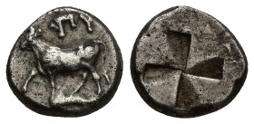 Thrace. Byzantion circa 340-320 BC. Fifth Siglos AR (11mm, 2.45 g). Bull standing left on dolphin left, right foreleg raised, monogram above (the old ...