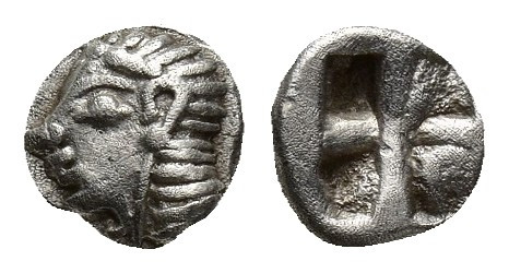 Ionia. Kolophon 550-500 BC. Hemiobol AR (6mm, 0,42 g). Archaic head of Apollo le...