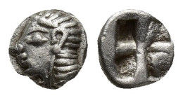 Ionia. Kolophon 550-500 BC. Hemiobol AR (6mm, 0,42 g). Archaic head of Apollo left / Quadripartite incuse square punch.