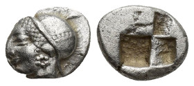 Ionia, Phokaia. Ca. 521-478 B.C. AR obol (9mm, 1.2 g). Archaic female head left / Quadripartite incuse square.