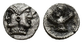 CILICIA. Uncertain. (Circa 350 BC). AR Hemiobol. (7mm, 0.3 g) Obv: Janiform head wearing taenia. Rev: Male headed bird-deity with two wings and a tail...