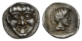 PAMPHYLIA, Aspendos. Circa 420-360 BC. AR Obol (11mm, 1 g). Facing gorgoneion / Helmeted head of Athena right within incuse square.