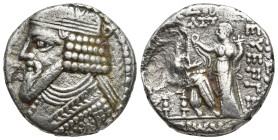 Kings of Parthia, Gotarzes II (c. AD 44-51). BI Tetradrachm (24mm, 8.7 g). Seleukeia on the Tigris, year 358 (AD 46). Diademed bust l. R/ Gotarzes sea...