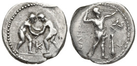 PAMPHYLIA. Aspendos. AR Stater, (24mm, 10.2 g) ca. 330/25-300/250 B.C. Obverse: Two wrestlers grappling, K between; Reverse: Slinger in throwing stanc...