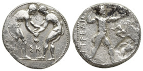 PAMPHYLIA, Aspendos. Circa 380/75-330/25 BC. AR Stater (22mm, 10.5 g) Two wrestlers grappling; ΣK between / Slinger in throwing stance right; counterc...