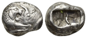 KINGS of LYDIA. Kroisos. Circa 564/53-550/39 BC. AR Hemistater (14mm, 5.34 g). Sardes mint. Confronted foreparts of lion and bull / Two incuse squares...