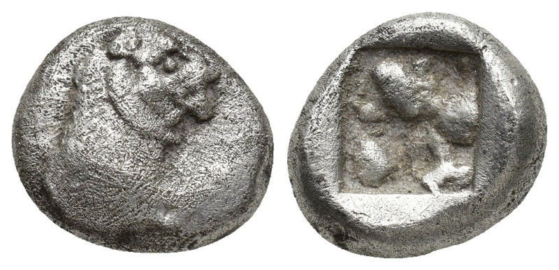 Karia, Mylasa AR 1/3 Stater. (13mm, 3.6 g) Circa 520-490 BC. Forepart of lion to...