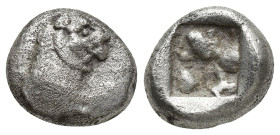 Karia, Mylasa AR 1/3 Stater. (13mm, 3.6 g) Circa 520-490 BC. Forepart of lion to right / Incuse square.