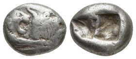 LYDIA. Kroisos (561-546 B.C.). AR 1/3 Stater (11mm, 3.46 g), ca. 561-546 B.C. Confronted foreparts of lion and bull; Reverse: Two incuse square punche...
