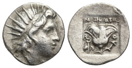 Rhodos, Rhodes AR Plinthophoric Drachm. (15mm, 2.7 g) Magistrate Dexikrates. Circa 170-150 BC. Radiate head of Helios right / ΔEΞIKPATHΣ, Rose with bu...