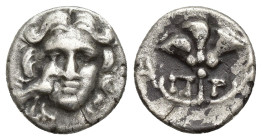 Caria. Mylasa circa 170-130 BC. Pseudo-Rhodian type Drachm AR (13mm, 1.89 g). Facing head of Helios, eagle right superimposed on cheek / Π-P, rose wit...