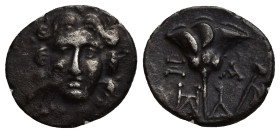 CARIA. Mylasa. Ca. 175-130 BC. AR drachm (16mm, 2 g). Ca. 175-150 BC. Head of Helios facing; eagle standing right at cheek to left / Ξ-A (month) / HΔ-...