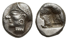 IONIA, Phokaia. Circa 625/0-522 BC. AR Obol (9mm, 1.3 g) Female/ Athena head left, wearing helmet or close fitting cap Quadripartite incuse square.