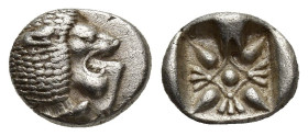 IONIA. Miletus. Ca. late 6th-5th centuries BC. AR obol (8mm, 1 g). Milesian standard. Forepart of roaring lion left, head reverted / Stellate floral p...