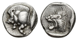 MYSIA, Kyzikos. Circa 450-400 BC. AR Obol (10mm, 1.29 g). Forepart of boar left; tunny to right / Head of lion left within incuse square.
