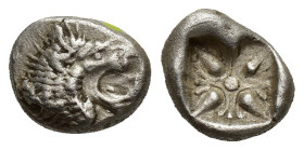 IONIA. Miletus. Ca. late 6th-5th centuries BC. AR 1/12 stater or obol (8mm, 1.17 g). Milesian standard. Forepart of roaring lion left, head reverted /...