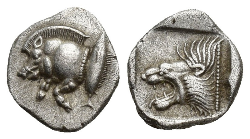 MYSIA, Kyzikos. Circa 450-400 BC. AR Obol (11mm, 1.2 g). Forepart of boar left; ...