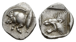 MYSIA, Kyzikos. Circa 450-400 BC. AR Obol (11mm, 1.2 g). Forepart of boar left; tunny to right / Head of lion left within incuse square.