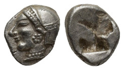 IONIA, Phokaia. Circa 625/0-522 BC. AR Obol (8mm, 1.28 g) Female/ Athena head left, wearing helmet or close fitting cap Quadripartite incuse square.