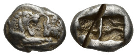 Kingdom of Lydia, Kroisos AR 1/6 Stater. (10mm, 1.73 g) Sardes, circa 561-546 BC. Confronted foreparts of lion to right and bull to left / Two incuse ...